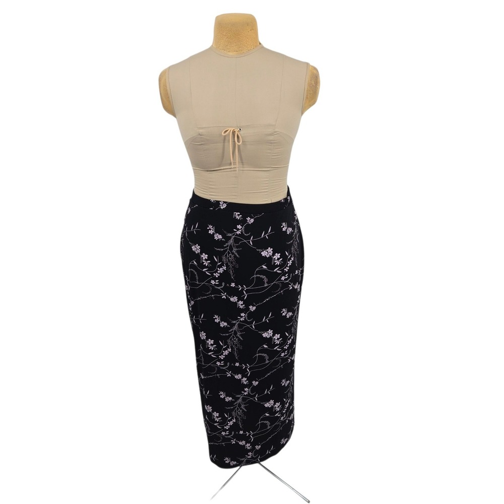 Notations Floral Maxi Skirt Women L Black White Long Stretch Casual Cottagecore